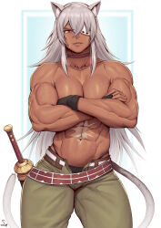 1girl abs absurdres animal_ear_fluff animal_ears belt biceps black_panties breasts bridal_gauntlets choker collarbone commentary contrapposto cowboy_shot crossed_arms crossed_bangs dark-skinned_female dark_skin english_commentary eyepatch facial_scar ghislaine_dedoldia green_pants grey_hair highleg highleg_panties highres large_breasts long_hair looking_at_viewer muscular muscular_female mushoku_tensei navel obliques one-eyed open_belt open_pants panties pants parted_lips red_choker red_eyes scar scar_on_cheek scar_on_face scar_on_stomach sheath sheathed signature smile solo speedl00ver stomach sweatdrop sword tail teeth topless_female underwear veins veiny_arms very_long_hair weapon