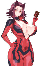 1girl areola_slip biker_clothes bikesuit bodysuit breasts brown_eyes card commentary_request covered_erect_nipples hair_ornament highres holding holding_card izayoi_aki large_breasts partially_unzipped purple_hair red_bodysuit short_hair_with_long_locks simple_background skin_tight smile volyz white_background yu-gi-oh! yu-gi-oh!_5d&#039;s
