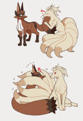 blush bright_pupils closed_mouth commentary_request flower_symbol flying_sweatdrops fuku_45 gen_1_pokemon gen_8_pokemon highres hugging_another&#039;s_tail hugging_tail ninetales nintendo no_humans pokemon pokemon_(creature) red_eyes simple_background standing tail thievul white_background white_pupils yellow_eyes
