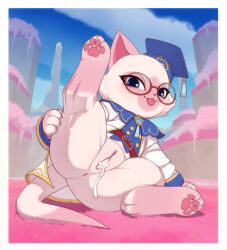 1girl :3 absurdres aftersex animal_ears animal_feet animal_hands anus blue_eyes border bottomless cat_ears cat_girl cat_tail claws colorpoint commentary cum cum_in_pussy digitigrade emily_(monster_hunter) english_commentary felyne furry furry_female glasses hat highres holding_own_leg kekitopu looking_at_viewer monster_hunter_(series) monster_hunter_puzzles outdoors pawpads pink_fur pussy shortstack solo spread_legs tail teacher thick_thighs thighs tongue tongue_out white_border
