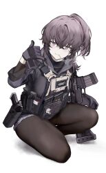 1girl \m/ ar-15 black_hoodie black_pantyhose black_shirt borrowed_character brown_hair cigarette closed_mouth commentary crossed_bangs flashbang full_body gloves gun hair_between_eyes hand_up handgun highres holding holding_gun holding_weapon holster hood hood_down hoodie load_bearing_vest long_sleeves looking_at_viewer magazine_(weapon) mouth_hold original pantyhose purple_eyes purple_gloves rifle seallllion shirt shorts simple_background smoke smoking solo squatting weapon white_background
