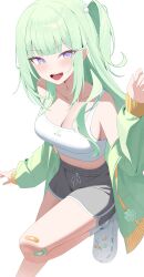 1girl absurdres bandaid bandaid_on_knee bandaid_on_leg bare_shoulders breasts cleavage collarbone commentary_request crop_top dolphin_shorts drawstring g_godocbaek gradient_eyes green_hair green_jacket grey_shorts hand_up highres jacket korean_commentary long_hair looking_at_viewer medium_breasts midriff mole mole_on_breast multicolored_eyes navel off_shoulder one_side_up open_mouth purple_eyes revision shirt shoes short_shorts shorts simple_background sleeveless sleeveless_shirt smile sneakers socks solo stellive virtual_youtuber white_background white_shirt white_socks yuzuha_riko