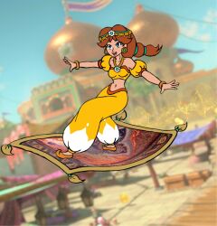 1girl blue_eyes breasts brown_hair carpet day earrings flower_earrings flying full_body grin jewelry long_hair mario_(series) mario_kart mario_kart_world midriff palace ponytail princess_daisy princess_daisy_(oasis) smile tiara