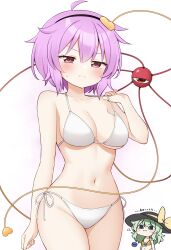 2girls :3 absurdres ahoge bikini black_hairband black_hat bow breasts cleavage collarbone commentary cowboy_shot gold_bikini green_hair hair_ornament hairband halterneck hat hat_bow heart heart_hair_ornament highres komeiji_koishi komeiji_satori medium_breasts medium_hair multiple_girls navel pink_hair short_hair side-tie_bikini_bottom simple_background stomach strap_pull string_bikini suwa_yasai swimsuit third_eye touhou white_background white_bikini yellow_bow