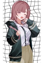 1girl breasts brown_hair collared_shirt danganronpa_(series) danganronpa_2:_goodbye_despair flipped_hair galaga hair_ornament highres hood jacket long_sleeves medium_hair nanami_chiaki neck_ribbon open_clothes open_jacket pink_eyes pink_ribbon pleated_skirt ribbon sa_bu_ibo shirt skirt solo white_shirt