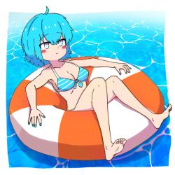 1girl bikini blue_bikini blue_nails blush_stickers breasts caustics cirno cirno_(cookie) cleavage closed_mouth cookie_(touhou) expressionless fingernails full_body grey_eyes hair_between_eyes highres innertube looking_at_viewer medium_breasts mole mole_on_breast orange_innertube short_hair solo striped_bikini striped_clothes striped_innertube swim_ring swimsuit tatamaru5382 touhou water white_innertube