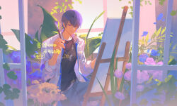 Rule 34 | 1boy, artist name, black shirt, blue eyes, blue flower, blue hair, blue pants, canvas (object), closed mouth, cowboy shot, easel, flower, highres, holding, holding brush, indoors, jacket, jewelry, kubing aaa, looking at viewer, marius von hagen (tears of themis), paintbrush, pants, pendant, pink flower, plant, shirt, short hair, sitting, smile, solo, tears of themis, watermark, white jacket, window