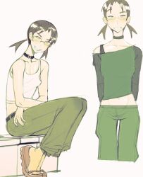 black_choker breasts brown_hair choker covered_erect_nipples glasses green_pants grin highres jimiko midriff multiple_views navel original pants rebecca_yamashita_(zamoshvik) sandals sanpaku short_twintails simple_background single_off_shoulder sitting small_breasts smile tank_top twintails white_background white_tank_top zamoshvik