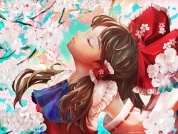 1girl ascot blue_ascot bow branch brown_hair cherry_blossoms closed_eyes detached_sleeves floral_background flower flower_on_head frilled_hair_tubes frilled_shirt_collar frills hair_tubes hakurei_reimu highres lips long_hair looking_up natsuakari neck red_bow red_ribbon red_shirt ribbon sarashi shirt solo touhou white_sleeves