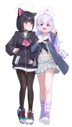 Rule 34 | 2girls, absurdres, ahoge, animal ears, ascot, black choker, black hair, black jacket, black neckerchief, black pantyhose, blue archive, blue hair, blue jacket, blue shoes, blunt bangs, blush, cat ears, cat tail, choker, closed mouth, colored inner animal ears, colored inner hair, fukujin, green sailor collar, highres, jacket, kazusa (blue archive), long hair, low twintails, multicolored hair, multiple girls, neckerchief, open mouth, pantyhose, pink ascot, pink hair, pleated skirt, purple shoes, purple socks, reisa (blue archive), sailor collar, shoes, short hair, skirt, sneakers, socks, striped clothes, striped socks, sweat, tail, twintails, two-tone hair, white sailor collar, white skirt