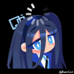 1girl aqua_eyes aqua_halo aqua_necktie aris_(blue_archive) artist_name black_background black_jacket blue_archive blue_hair blue_hairband blue_jacket blush bright_pupils chinese_commentary commentary double-parted_bangs euki_(eukicat) hair_between_eyes hairband halo jacket loading_icon long_bangs long_hair long_hair_between_eyes long_sidelocks looking_at_viewer multicolored_jacket necktie no_lineart no_mouth one_side_up open_clothes open_jacket rectangular_halo school_uniform shirt sidelocks simple_background solo thinking twitter_username upper_body white_pupils white_shirt