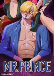Rule 34 | 1boy, 2girls, artist name, blonde hair, cigarette, curly eyebrows, facial hair, hair over one eye, highres, majimartbcn, multiple girls, mustache stubble, nami (one piece), one piece, open clothes, open shirt, sanji (one piece), signature, smoking, stubble, sunglasses, toned, toned male, topless male