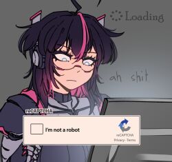 Rule 34 | 1girl, ahoge, animal ears, armor, at computer, black hair, blue eyes, breasts, captcha, cat ears, english text, female focus, frown, hair between eyes, headphones, joints, large breasts, loading screen, medium hair, meme, monitor, multicolored hair, original, pink hair, profanity, robot girl, robot joints, solo, solo focus, upper body, warl granada