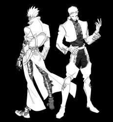 2boys blonde_hair brothers coat collared_coat collared_jacket criss-cross_straps from_behind full_body hand_up jacket male_focus mechanical_arms millions_knives mlxgdog monochrome multiple_boys prosthesis prosthetic_arm siblings single_mechanical_arm sketch skin_tight trigun trigun_maximum turtleneck twins vash_the_stampede white_jacket