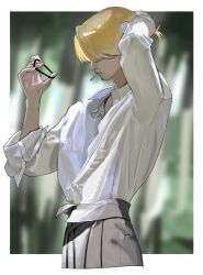 1boy absurdres blonde_hair border cigarette closed_mouth collared_shirt cropped_legs from_side hair_over_eyes hair_tie hand_on_own_head highres holding holding_hair_tie long_sleeves male_focus one_piece sanji_(one_piece) shirt short_hair solo tokoni_fusu tying_hair white_border white_shirt