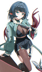 1girl absurdres animal_ears aqua_eyes asymmetrical_legwear black_gloves blunt_bangs breasts brown_pantyhose brown_thighhighs chromatic_aberration cleavage closed_mouth fingerless_gloves garter_straps gloves highres jane_doe_(zenless_zone_zero) long_hair long_sleeves looking_at_viewer midriff mouse_ears mouse_girl mouse_tail pantyhose single_garter_strap sitting smile solo tail thighhighs torn_clothes torn_pantyhose uneven_legwear white_background wuzhihuijia zenless_zone_zero