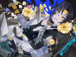 1boy asaba_harumasa black_choker black_hair black_necktie blood blood_on_face choker fingerless_gloves flower gloves headband male_focus michikake16 necktie open_mouth parted_bangs partially_fingerless_gloves pill shirt short_hair sidelocks solo white_shirt yellow_eyes yellow_flower yellow_headband zenless_zone_zero