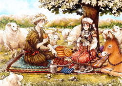 1boy 1girl black_hair blue_sky bread brown_eyes brown_hair chai closed_mouth cloud cloudy_sky donkey flower food forest grass indian_style looking_at_another mountain narukoinu nature open_mouth picnic picnic_blanket rock seiza sheep shish_kebab sitting skewer sky smile tea thick_eyebrows tree turban uzbek_clothes white_flower