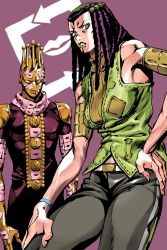 1girl absurdres bad_id bad_pixiv_id black_hair black_pants brown_eyes cowboy_shot dreadlocks ermes_costello green_lips green_shirt hand_on_own_hip highres jojo_no_kimyou_na_bouken kiss_(stand) kokonotsunbai long_hair looking_at_viewer official_style pants parted_lips purple_background shadow shirt simple_background sleeveless sleeveless_shirt solo stand_(jojo) stone_ocean