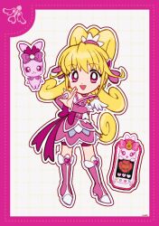 Rule 34 | 1girl, aida mana, blonde hair, boots, border, bow, brooch, cellphone, cure heart, curly hair, deformed, dokidoki! precure, dot nose, dotted line, dress, earrings, eyelashes, feather-trimmed sleeves, frilled arm warmers, full body, grey background, grid background, hair ornament, hair ribbon, hair tie, half-heart hands, hand on own hip, happy, heart, heart-shaped hair, heart brooch, heart earrings, heart hair ornament, high heel boots, high heels, high ponytail, highres, jewelry, knee boots, long hair, looking at viewer, magical girl, open mouth, outline, phone, pink arm warmers, pink boots, pink border, pink bow, pink brooch, pink dress, pink eyes, pink ribbon, pink shorts, ponytail, precure, ribbon, sharuru (dokidoki! precure), short dress, short sleeves, shorts, shorts under dress, signature, smartphone, smile, standing, tareme, uwded 207, very long hair, waist bow, white outline, white sleeves