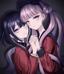 black_bow bow brother_and_sister closed_mouth ear_piercing eyelashes fingernails highres holding_hands long_hair looking_at_viewer matching_hair/eyes piercing pink_eyes pink_hair purple_hair siblings the_hundred_line_-last_defense_academy- tsukumo_ima tsukumo_kako twins twintails