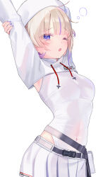 1girl ;o arm_behind_head arms_up belt belt_pouch beret black_belt blonde_hair blunt_bangs breasts colored_tips covered_erect_nipples drawstring hat highres holding_own_arm hololive hololive_dev_is leotard leotard_under_clothes long_sleeves looking_at_viewer miniskirt multicolored_hair official_alternate_costume one_eye_closed pleated_skirt pouch purple_eyes purple_hair short_hair shrug_(clothing) simple_background skirt small_breasts solo streaked_hair stretching todoroki_hajime todoroki_hajime_(regloss_uniform) two_side_up ureinnn virtual_youtuber white_background white_hat white_leotard white_shrug white_skirt yawning
