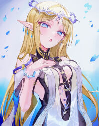 1girl absurdres bare_shoulders black_collar blonde_hair blue_eyes breasts cartethyia_(wuthering_waves) collar commentary crown_of_thorns earrings hand_on_own_chest highres jewelry long_hair looking_at_viewer medium_breasts mile_(off8mile) open_mouth parted_bangs pointy_ears sidelocks solo tabard tacet_mark_(wuthering_waves) upper_body very_long_hair white_tabard wuthering_waves