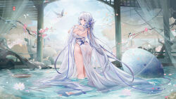 1girl absurdres ahoge alternate_costume architecture ass azur_lane back banchiyuebai bare_shoulders bird blue_eyes blue_flower blue_sky blue_umbrella blush breasts closed_mouth dress east_asian_architecture flower from_behind hair_flower hair_intakes hair_ornament highres illustrious_(azur_lane) kneepits large_breasts long_hair looking_at_viewer looking_back mole mole_under_eye oil-paper_umbrella see-through_clothes see-through_dress shawl sky smile standing tassel thighs umbrella very_long_hair wading wet wet_clothes wet_dress white_bird white_dress white_hair white_shawl
