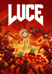 Rule 34 | 1girl, :d, absurdres, bead necklace, beads, blood on shoes, blue hair, boots, character name, coat, commentary, cross, demon, doom (2016), doom (series), doom cover parody, doom i, english commentary, green footwear, highres, holding, holding weapon, hood, hooded coat, jewelry, jubilee 2025, latin cross, lava, long sleeves, luce (jubilee 2025), monster, naberius, necklace, open mouth, raincoat, red background, rosary, short hair, smile, weapon, yellow coat, yellow raincoat