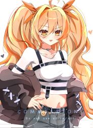 Rule 34 | 1girl, absurdres, ahoge, airiillus, belt, blonde hair, breasts, brown jacket, character name, chest harness, commission, cowboy shot, crop top, grey shorts, hair between eyes, hand on own hip, harness, highres, jacket, jewelry, long hair, long sleeves, looking at viewer, medium breasts, midriff, multicolored hair, navel, necklace, off shoulder, open mouth, orange eyes, original, puffy long sleeves, puffy sleeves, raised eyebrow, shirt, shorts, simple background, smile, solo, streaked hair, two side up, very long hair, vgen commission, white background, white shirt