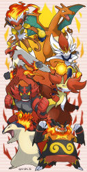 absurdres animal_ear_fluff bad_id bad_pixiv_id blaziken charizard cinderace commentary_request creature creatures_(company) delphox emboar flame-tipped_tail furry game_freak gen_1_pokemon gen_2_pokemon gen_3_pokemon gen_4_pokemon gen_5_pokemon gen_6_pokemon gen_7_pokemon gen_8_pokemon highres incineroar infernape looking_at_viewer nintendo pokemon pokemon_(creature) signature striped_background typhlosion yukari_(yukari21653710)