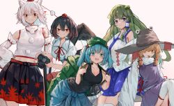 Rule 34 | 5girls, :d, absurdres, backpack, bag, bare shoulders, black hair, black skirt, black tank top, black wings, blue eyes, blue hair, blue jacket, blue skirt, breasts, brown hat, camera, cleavage, closed mouth, clothes around waist, collarbone, collared shirt, commentary request, cowboy shot, flat cap, frilled skirt, frills, green bag, green hair, green hat, hair bobbles, hair ornament, hand on own hip, happy, hat, highres, holding, holding camera, inubashiri momiji, jacket, jacket around waist, kawashiro nitori, kochiya sanae, leaf print, leaning forward, long hair, looking at viewer, medium breasts, medium skirt, midriff, moriya suwako, multiple girls, newsboy cap, open mouth, pleated skirt, pom pom (clothes), purple skirt, purple vest, red eyes, red hat, red skirt, ribbon-trimmed skirt, ribbon trim, shameimaru aya, shirt, short hair, skirt, smile, tank top, thighhighs, tokin hat, touhou, turtleneck, two side up, vanilla flan, very long hair, vest, white hair, white shirt, white sleeves, white thighhighs, wide sleeves, wings