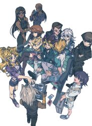 6+boys absurdres ancient_egyptian bakura_ryou black_hair blonde_hair briefcase dark-skinned_female dark_skin duel_disk highres honda_hiroto ishizu_ishtar jonouchi_katsuya kaiba_mokuba kaiba_seto kujaku_mai long_hair marik_ishtar mazaki_anzu multiple_boys multiple_girls muto_yugi open_mouth rishid_ishtar shirt simple_background skmkst smile striped_clothes striped_shirt white_background yu-gi-oh! yu-gi-oh!_duel_monsters yu-gi-oh!_the_dark_side_of_dimensions