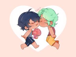 &gt;_&lt; 2boys :3 artist_self-insert blue_hair blue_shorts bouquet chibi chibi_only cove_holden curly_hair dolpxler double-parted_bangs flower full_body green_hair grey_tank_top grin hair_between_eyes happy heart_border highres holding holding_bouquet kiss knees_up main_character_(our_life) male_focus multiple_boys our_life our_life:_beginnings_and_always outside_border outstretched_hand short_hair shorts smile tank_top yaoi yellow_shorts