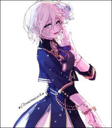 1girl amane_(7783) blue_eyes blue_jacket commentary_request earrings gloves hand_up heart highres idolmaster idolmaster_cinderella_girls jacket jewelry long_sleeves looking_at_viewer shiomi_syuko short_hair solo star-shaped_pupils star_(symbol) star_earrings symbol-shaped_pupils white_gloves white_hair