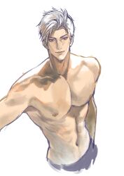 1boy black_pants closed_mouth cowboy_shot highres lips looking_at_viewer love_and_deepspace macchishiro male_focus muscular muscular_male navel nipples pants parted_bangs pectorals red_eyes short_hair simple_background solo sylus_(love_and_deepspace) white_background white_hair