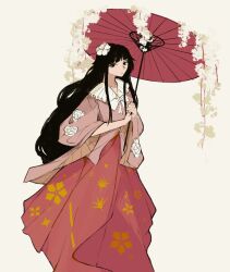 1girl black_eyes black_hair bow chest_bow closed_mouth collared_shirt commentary english_commentary floral_print flower frills hair_flower hair_ornament hands_up highres hime_cut holding holding_umbrella houraisan_kaguya llamas_yes long_hair long_sleeves looking_at_viewer oil-paper_umbrella pink_shirt red_skirt shirt sidelocks simple_background skirt smile solo sparkle_print touhou umbrella white_background white_bow white_flower wide_sleeves