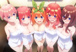 Rule 34 | breasts, collarbone, embarrassed, go-toubun no hanayome, large breasts, long hair, looking at viewer, medium hair, nakano ichika, nakano itsuki, nakano miku, nakano nino, nakano yotsuba, naked towel, navel, pink hair, red hair, ribbon, short hair, siblings, towel