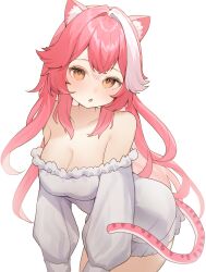 1girl :o animal_ears bare_shoulders blush breasts cleavage collarbone hair_intakes happy_birthday highres hololive hololive_english large_breasts leaning_forward long_hair long_sleeves looking_at_viewer multicolored_hair off-shoulder_sweater off_shoulder open_mouth panther_ears panther_girl panther_tail pink_hair raora_panthera simple_background solo streaked_hair sweater szuukie tail thighs two-tone_hair virtual_youtuber white_background white_hair white_sweater yellow_eyes
