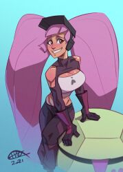 1girl absurdly_long_hair black_gloves blue_background blunt_bangs breasts cleavage clothing_cutout dated entrapta gloves gradient_background hagfish highres large_breasts long_hair parted_lips purple_hair red_eyes shadow she-ra_and_the_princesses_of_power shoulder_cutout signature smile solo twintails very_long_hair
