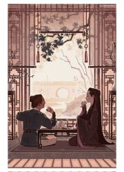 2boys architecture belt black_hair black_hanfu black_lips black_robe blue_tunic border braid brown_hair chinese_clothes closed_eyes closed_mouth commentary cup curtains east_asian_architecture english_commentary enilehtnorevol expressionless feng_xin from_behind half_updo hanfu highres holding holding_cup indoors knee_up layered_clothes long_hair long_sleeves looking_at_another male_focus mu_qing_(tianguan_cifu) multiple_boys on_ground pants profile purple_robe robe scenery see-through_curtains seiza side_braid sitting smile table tassel teacup tianguan_cifu tunic vase very_long_hair white_border white_pants wide_sleeves window