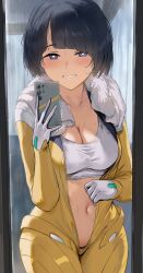 1girl absurdres blunt_bangs blush bodysuit bra breasts bright_pupils cellphone cleavage commentary cowboy_shot gloves grin gundam gundam_gquuuuuux half-closed_eyes hews highres holding holding_phone indoors looking_at_viewer messy_hair navel partially_unzipped phone pubic_hair pubic_hair_peek pussy selfie shiiko_sugai short_hair smartphone smile solo standing sweat towel towel_around_neck uncensored underwear white_bra white_gloves white_pupils yellow_bodysuit