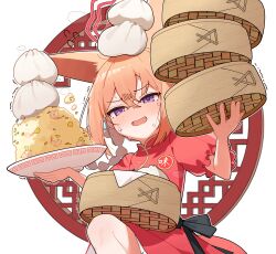 1girl absurdres animal_ears blue_archive blush china_dress chinese_clothes commentary_request dress food food_on_head hair_between_eyes halo highres holding object_on_head open_mouth orange_hair patanda purple_eyes red_dress red_halo revision rumi_(blue_archive) rumi_(small)_(blue_archive) simple_background solo standing standing_on_one_leg white_background