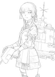 Rule 34 | 1girl, adapted turret, blunt sidelocks, commentary request, freckles, greyscale, hair bun, hair ribbon, hairband, kantai collection, lineart, long hair, looking at viewer, machinery, military uniform, mogador (kancolle), monochrome, neckerchief, pleated skirt, ribbon, sidelocks, skirt, solo, standing, taruya