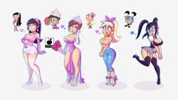 4girls adapted_costume aged_up alternate_breast_size bare_shoulders black_eyes black_hair blonde_hair blue_eyes bouquet breasts breasts_squeezed_together brown_hair chloe_carmichael chromatic_aberration denim dress earrings fang feet flower freckles full_body garter_straps genderswap genderswap_(mtf) glasses grey_background hand_on_own_hip high_heels highres jeans jewelry large_breasts leg_up light_blush linkartoon long_hair multiple_girls nickelodeon non-web_source open_mouth pants pencil_skirt photo-referenced purple_eyes rose short_hair skirt smile source_request teeth the_fairly_oddparents thighhighs thighs tiara timantha timmy_turner tootie trixie_tang twintails