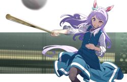 1girl animal_ears baseball baseball_bat bench black_pantyhose blue_dress blurry blurry_background bow clenched_teeth cropped_legs dress green_bow hair_bow hand_on_own_stomach highres horse_ears horse_girl long_hair long_sleeves mejiro_mcqueen_(umamusume) motion_blur nishiki_kazue pantyhose purple_eyes purple_fur purple_hair shirt solo standing sweatdrop swinging teeth umamusume white_shirt