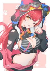1girl :3 black_jacket border bra breasts cleavage goggles goggles_on_headwear highres hood hood_up jacket long_hair looking_at_viewer midriff navel nekota_tsuna nekota_tsuna_(1st_costume) off_shoulder okishiro one_eye_closed orange_eyes outside_border partially_open_jacket pink_background red_hair shrug_(clothing) solo striped_bra striped_clothes tongue tongue_out torn_clothes underwear virtual_youtuber vspo! white_border