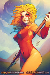 1girl animal_print bangle blonde_hair bracelet breasts cheetara claws covered_navel female_focus fighting_stance furry furry_female gina_chacon impossible_clothes jewelry large_breasts leotard lips long_hair looking_at_viewer pointy_ears red_leotard slit_pupils solo staff thundercats vambraces watermark web_address