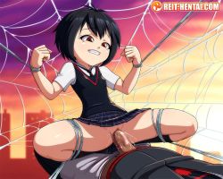 1boy 1girl arms_up bdsm black_hair black_legwear bondage bound bound_arms bound_legs breasts brown_eyes censored cityscape clenched_hands clenched_teeth clothed_sex collared_shirt cowgirl_position cum dark_skin hands_up has_uncensored_version hetero interracial knees_apart_feet_together loli looking_at_viewer marvel miles_morales mosaic_censoring necktie outdoors peni_parker penis plaid_clothes plaid_skirt pleated_skirt pussy pussy_juice reit restrained school_uniform sex shiny_clothes shiny_skin shirt short_hair short_sleeves size_difference skindentation skirt small_breasts socks solo_focus spider-man:_into_the_spider-verse spider-man_(series) spider-verse spread_legs straddling sunset tagme tears teeth vest web wing_collar