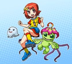 Rule 34 | female protagonist (digimon story), flower, orange hair, orange skirt, palmon, pink flower, poyomon, skirt, tagme